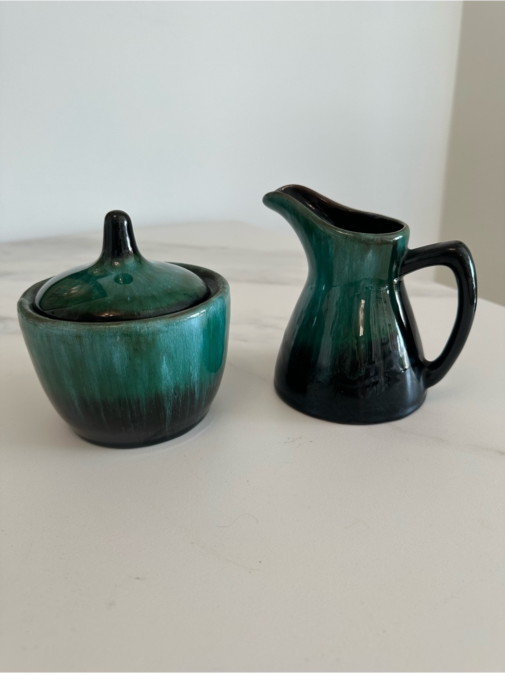 Vintage Blue MountainnPotterCeramic Green-Black Drip Glaze Creamer and Sugar Set